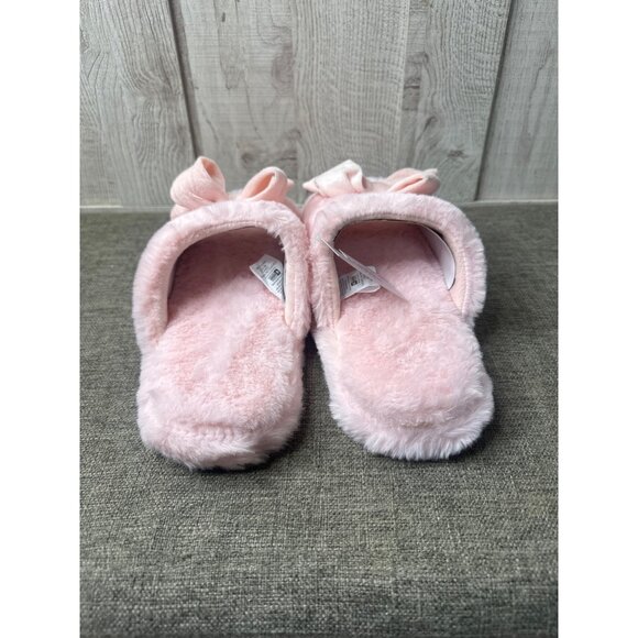 Womens Fuzzy Open Toe Pink Slippers Bow Trim Non-Slip Sole Size M 8-10 - Picture 3 of 7